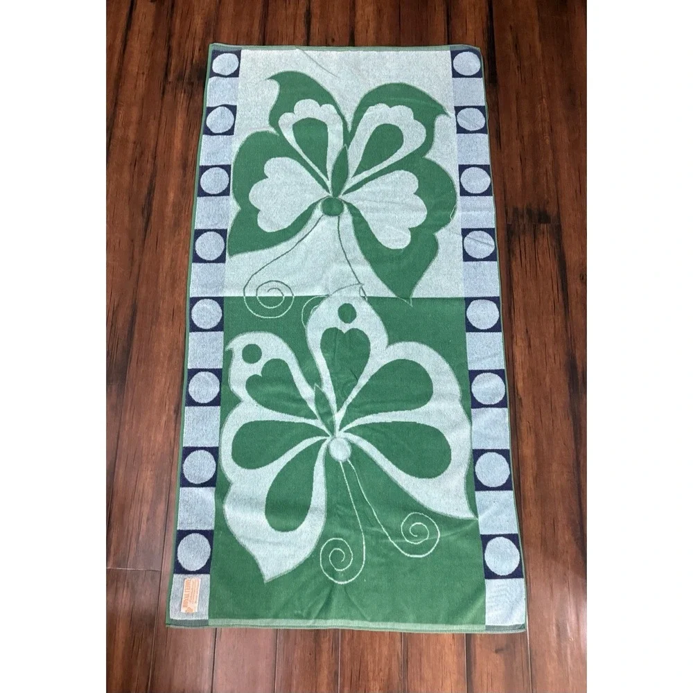 Vintage 1970's Royal Terry Beach Towel Retro Butterfly Green Blue Made In Brazil